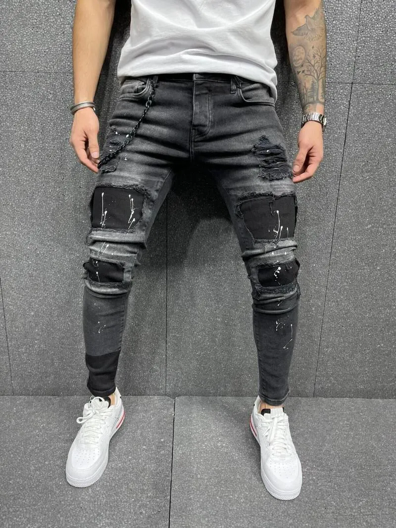 Jeans pour hommes 2021men déchiré maigre fermeture éclair noir patchwork motard crayon pantalon locomotive denim rues hip hop drapé mâle