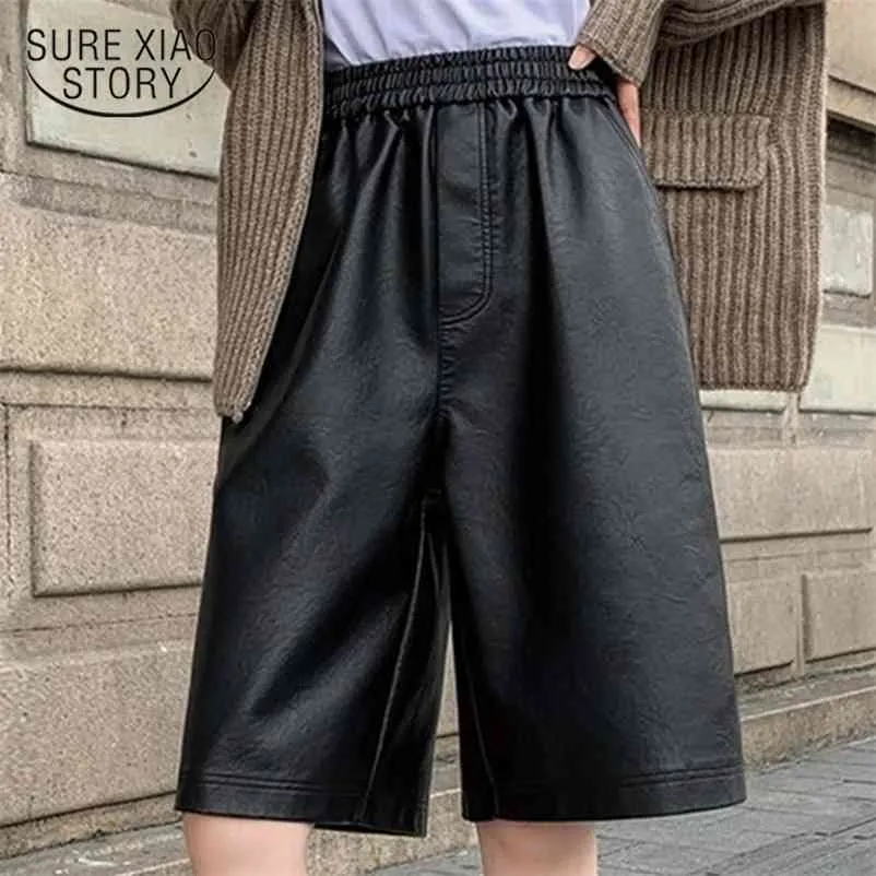 Black PU Leather Shorts Fashion Women Autumn Winter Casual Wide Leg Elastic Waist Loose Short Mujer 12238 210510