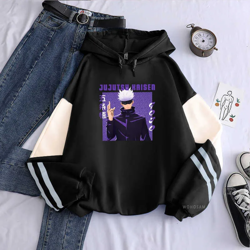 Anime jujutsu kaisen gojo satoru felpa con cappuccio felpa uomo donne cartoon pullover harajuku coreano moda plus size patchwork hoody y0804