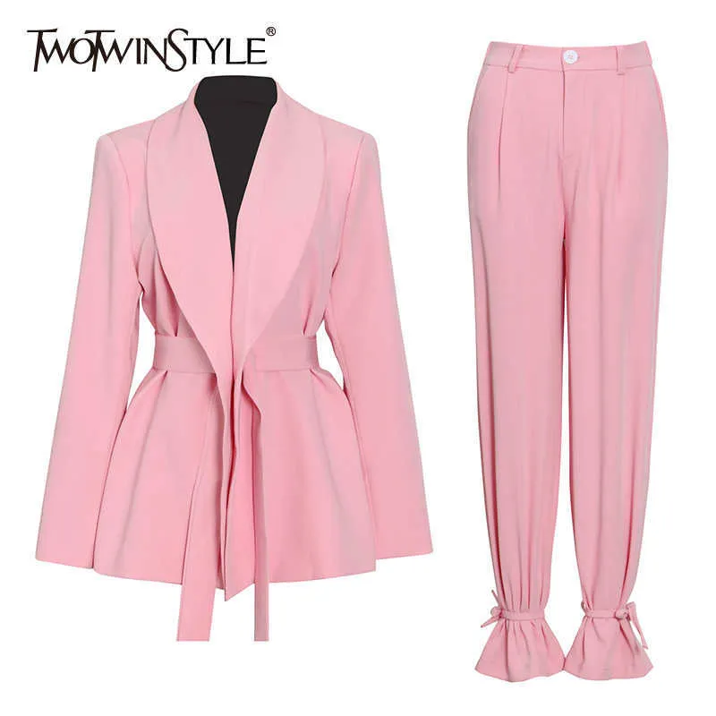 TWOTYLE Casual Pink Trouser Suits Female Notched Long Sleeve Korean Slim Blazer High Waist Wide Leg Pant's Suit 210930