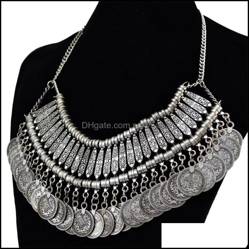 Vintage Gypsy Geometric Coin Tassel Bib Statement Choker Necklaces For Women Boho Turkish African Necklace Party Jewelry Gift Pendant