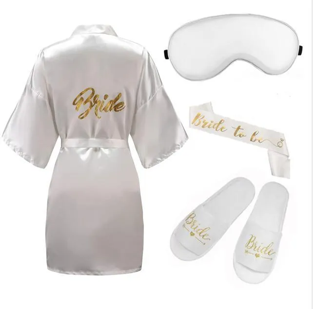 Women's Sleepwear 4pc Set Of Bride Robe Eyemask Slippers Sash Bridesmaid Kimono Wedding Bridal Party Bachelorette Bathrobe Getting Ready Rob