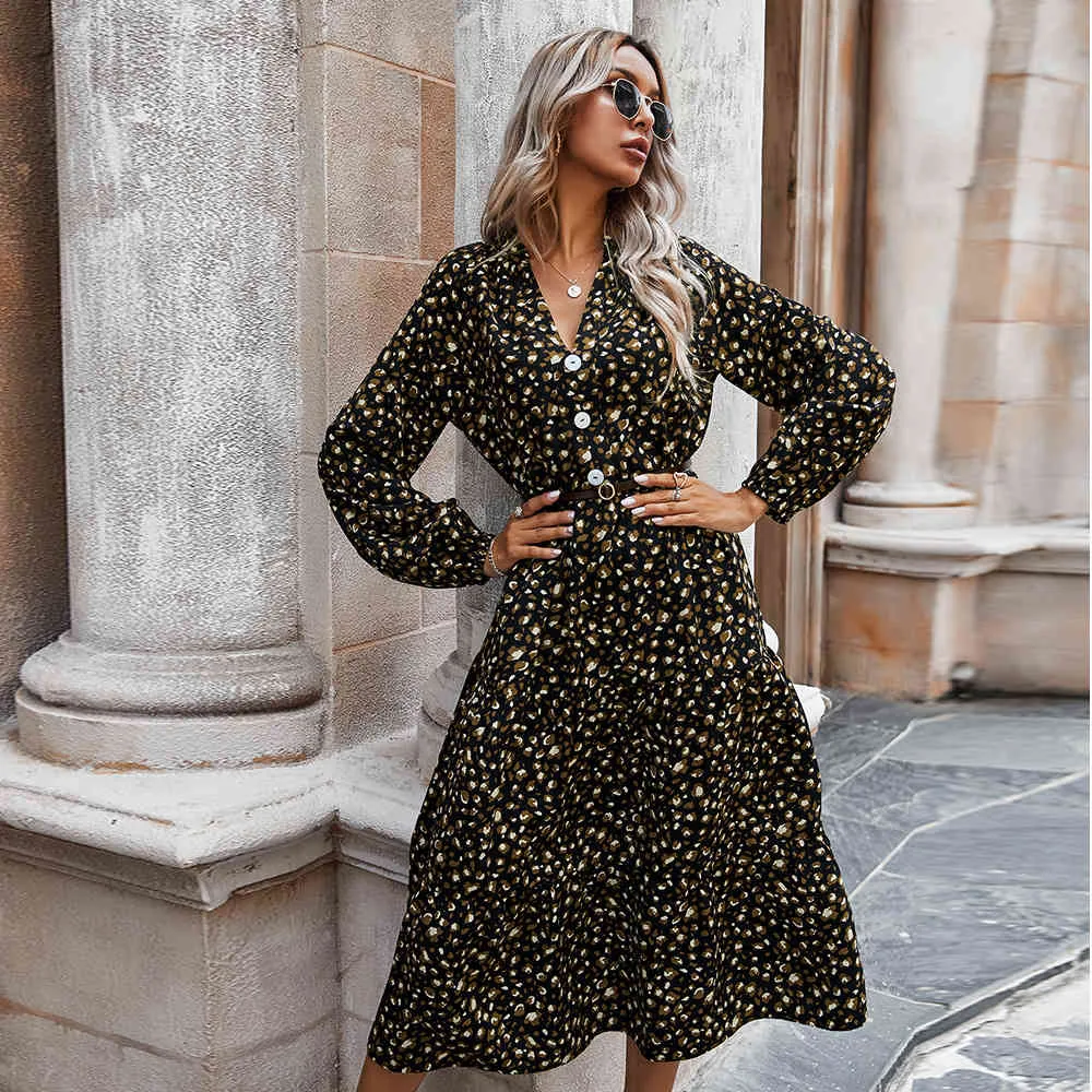 Höst vinter elegant v-hals leopard tryckt klänning damer hög gata klänning kvinnors mode lång klänning kläder Vestidos 210514