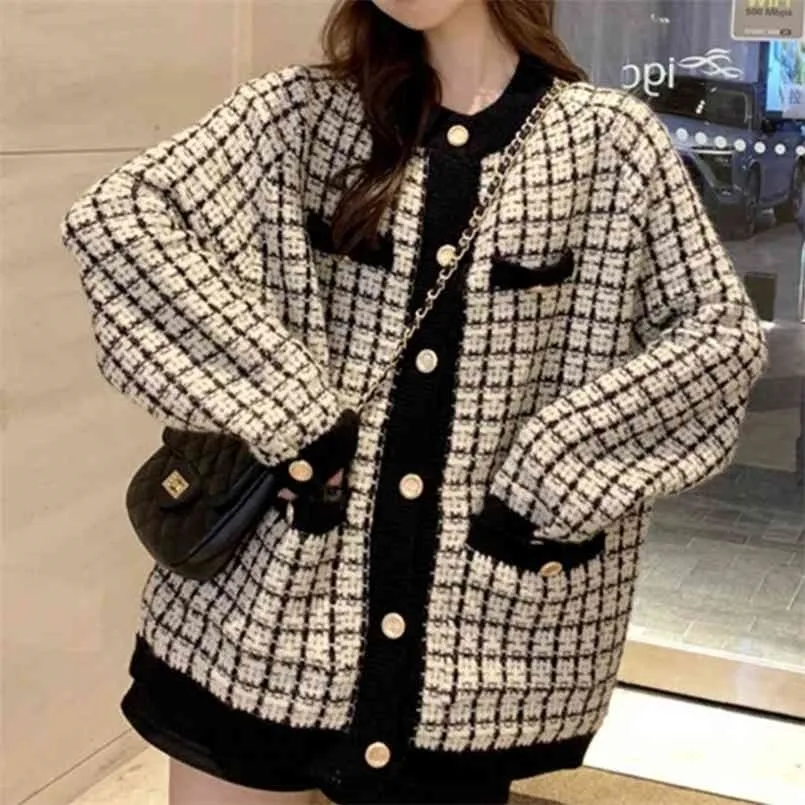 [EWQ] Automne Pull Manteau Retro Chemise Vérifier la manches longues Paies à poitrine unique Cardigan Cardigan Lâche Dames QB321 210917