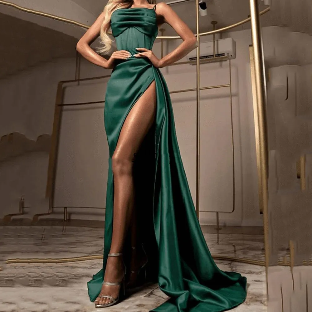 Dark Green Mermaid Długie suknie wieczorowe Sexy Wysoką Szczur Bez Ramiączek Pleat Satin Plus Size Party Dresses dla kobiet