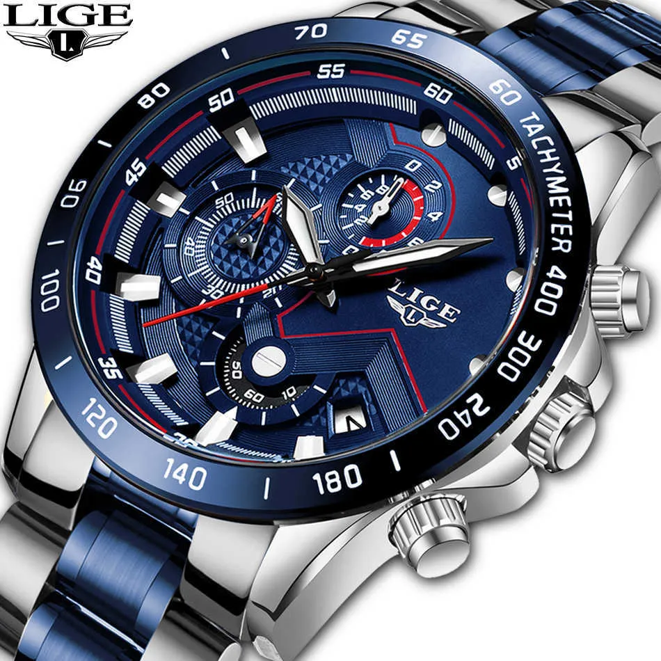 Relogio Masculino Klockor Män Lyx Märke LIGE Chronograph Mäns Sport Klockor Vattentät Full Steel Quartz Herrklocka 210527