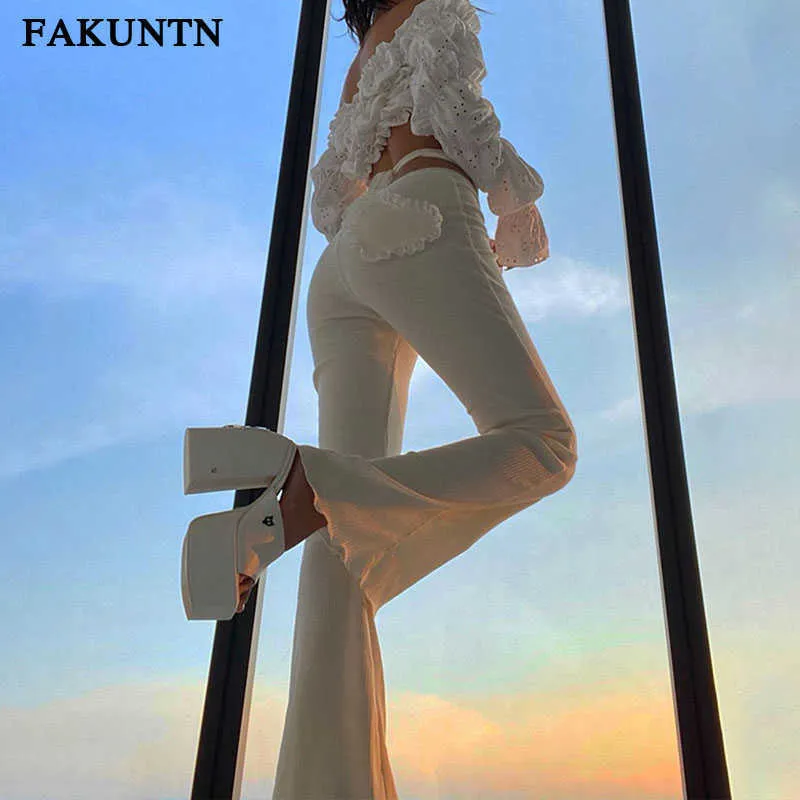 FAKUNTN Y2K White Pants Streetwear Dames Mode Broek 2021 Zomer Nieuwe Sexy Holle Hout Kant Low Rise Kawaii Egirl Flare Pants Q0801