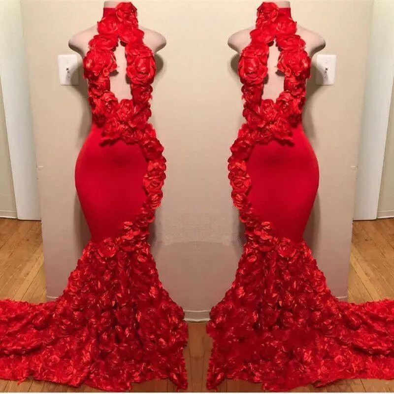 Design Halter Red Mermaid Prom Dresses Appliques Sexy Formal Evening Dress Sweep Train Satin Fashion Cocktail Party Gowns