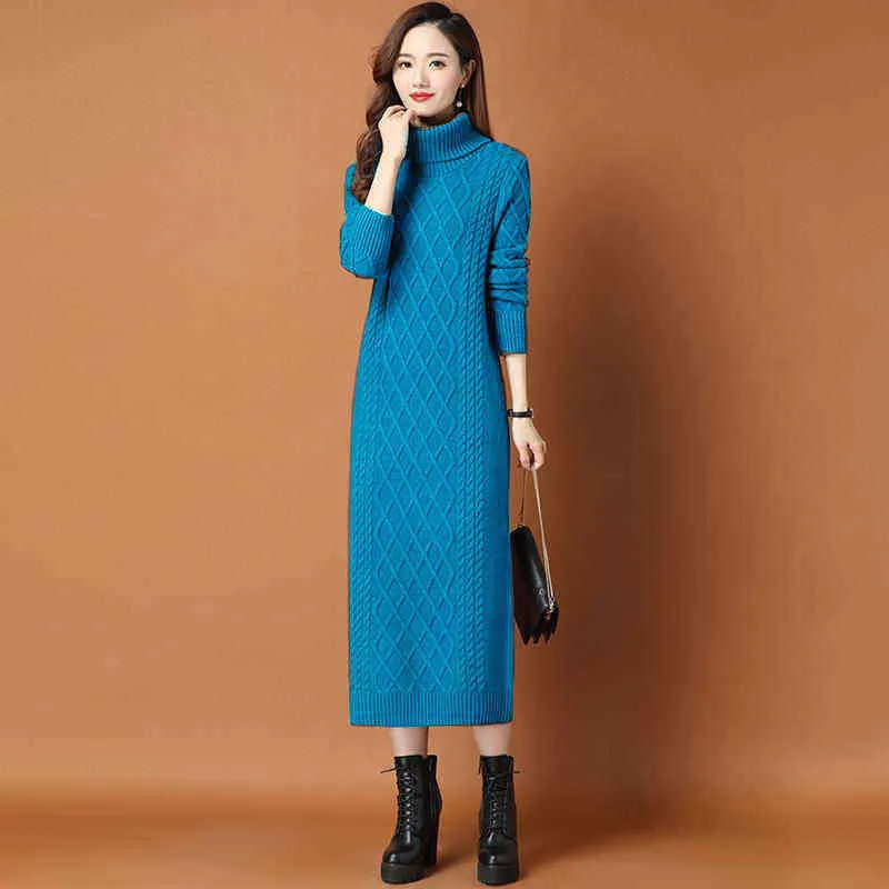 Loisirs d'hiver femmes longue robe en laine sur le genou robe de printemps nouvelle mode col haut avec pardessus tricot solide robe de dame G1214