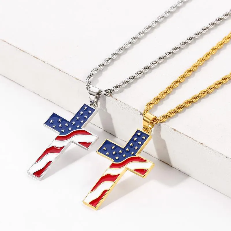 Anhänger Halsketten Kreuz Kruzifix Halskette für Männer Frauen Goldkette Sterne und Streifen Flagge Jesus Link Großhandel Schmuck