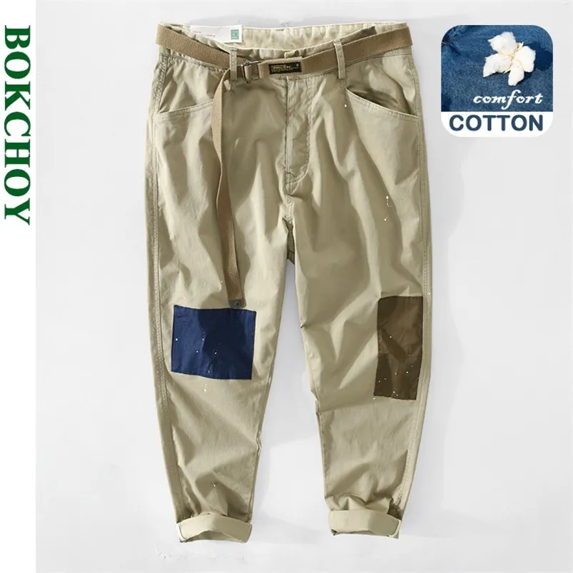 Spring Summer Men Patchwork Trouser Casual Thin Mid Waist With Belt Cotton Made Straight Loose Cargo Pants GA-Z341 210715