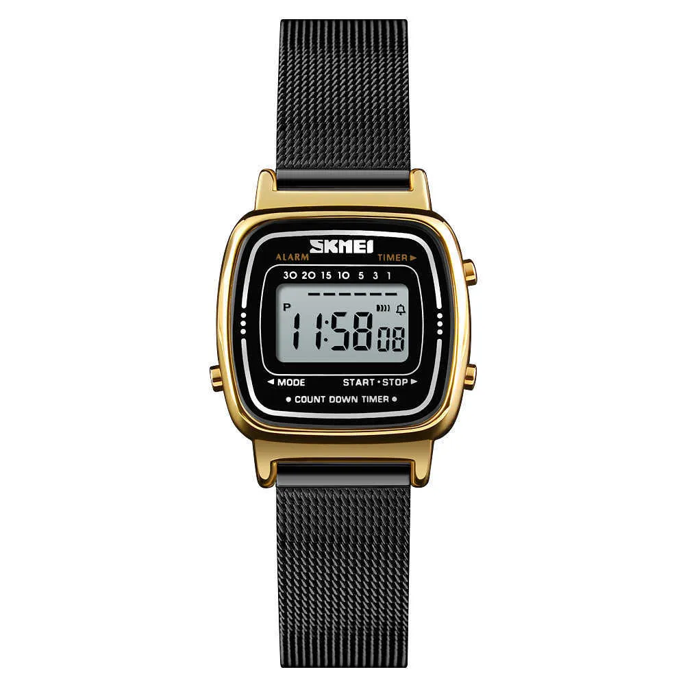 Skmei 1252女性の時計メッシュベルトステンレス鋼の正方形のadujustableのストラップ防水デジタル時計女性Reloj Muger 210616