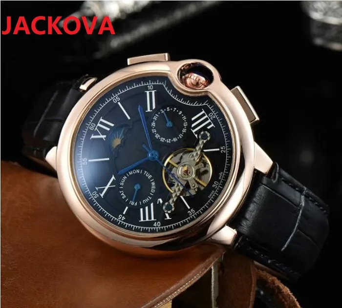 fly wheel Automatic Mechanical Watch Men Tourbillon Moon Phase Black Military Genuine Leather Sapphire Waterproof Sports Self-wind Fashion Wristwatches Gift