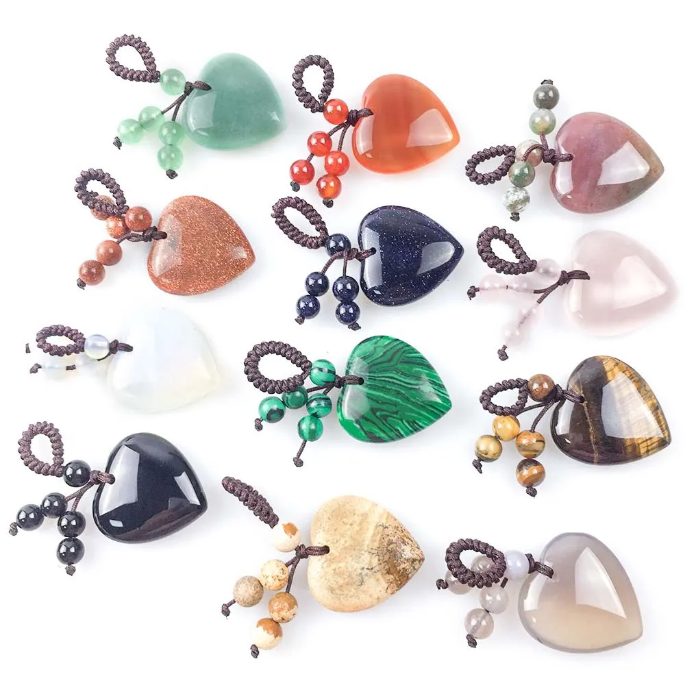 Sleutelringen Natural Crystal Heart Love Stone Sleutelhanger 7 Chakra Reki Healing Gemstone Beads Tassel Sleutelhanger voor vrouwen