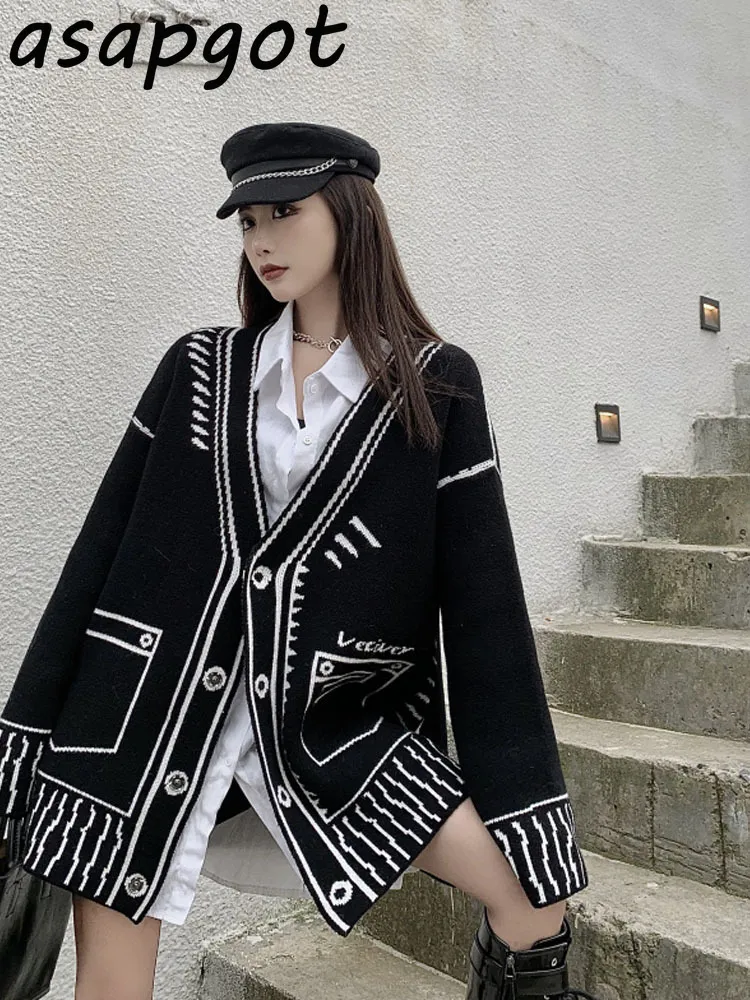 Womens Retro Graffiti Cardigan Loose V Neck Knitted Jacket, Long