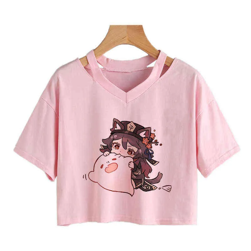 Crop Top Genshin Impact T Shirt Donna Graphic Tees Kawaii Summer Tops Harajuku Cartoon Hu Tao T-shirt Divertente Keqing Maglietta femminile Y220308