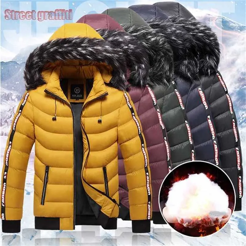 Män Vinterjacka Parkas Coat Brand Casual Warm Tjock Vattentät Padded Coats Fur Collar Hooded Mäns Jacka Parkas 211124