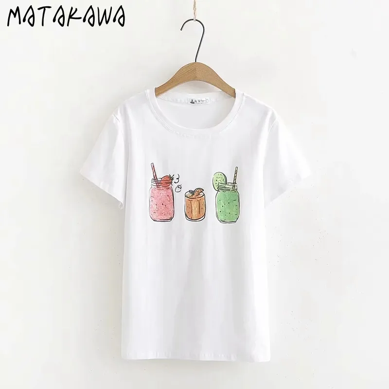 Matakawa Japanse stijl gedrukt vrouw t-shirts ronde hals katoenen t-shirts voor vrouwen zomer short-mouwen t-shirt top vrouwen 210513