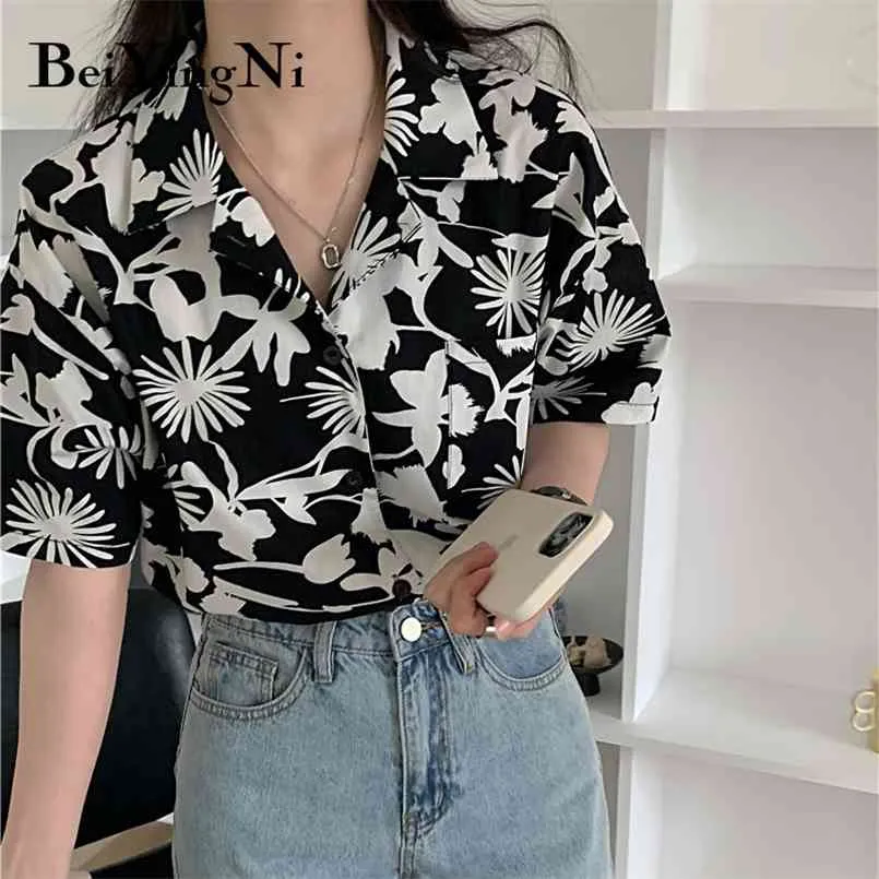 Blouses surdimensionnées de la mode Mesdames floral imprimé vintage rétro casual Harajuku chemises féminines Tops Black Boutons Blusas 210506