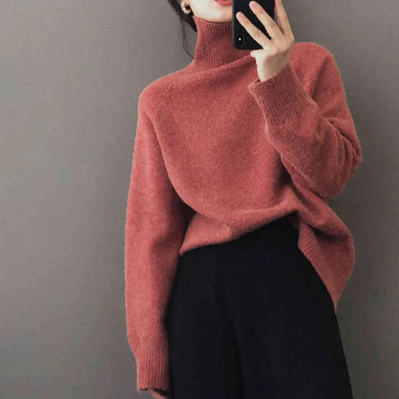 Autunno inverno spesso sciolto pigro fuori Coniglio Caldo morbido maglione maglione coreano Maglione lavorato a maglia da donna in cashmere 210514