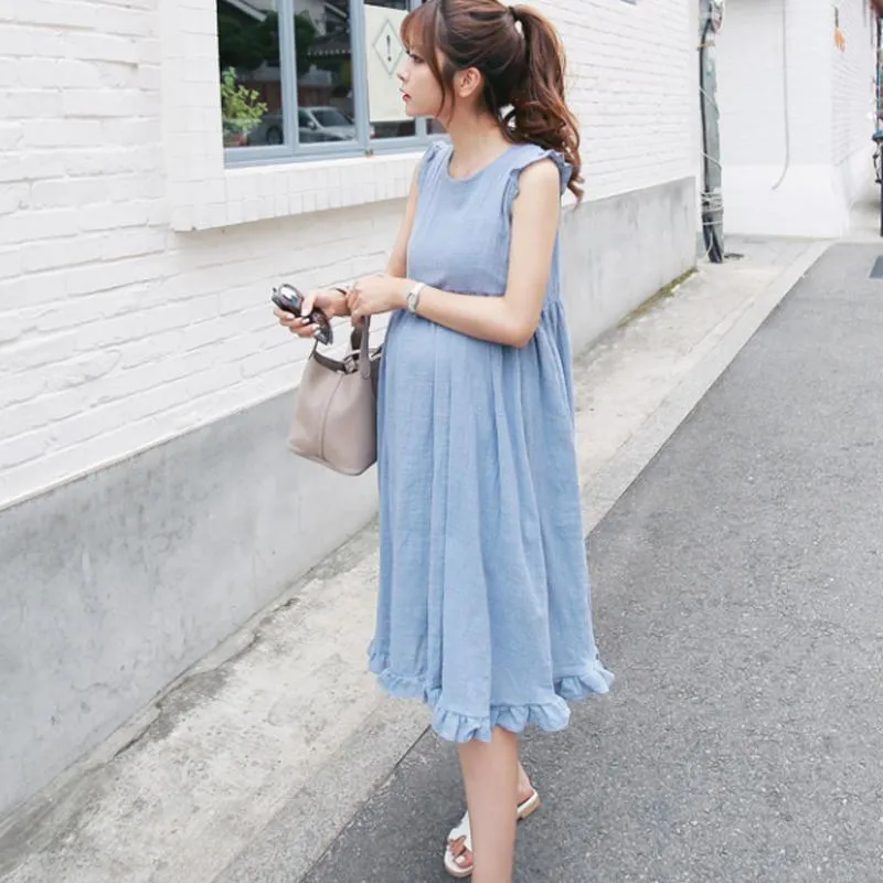 Maternity Dresses Korean Causal Loose Dress Clothes Blue Pink Linen For Pregnant Women Pregnancy Wear Summer Clothing 2022