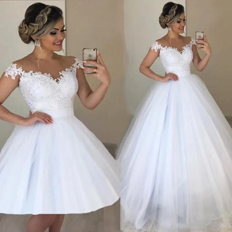 2 Pieces Removable Skirt Wedding Dresses White Lace Cap Sleeve Beaded A Line Detachable Trail Bridal Gowns Customize Plus Size