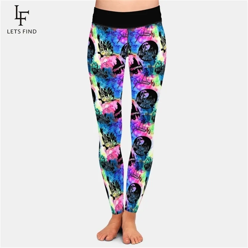 LETSFIND High Quaility 220gsm Milk Silk Print Castle Women Pants Waist Plus Size Fitness Slim Soft Stretch Leggings 211204