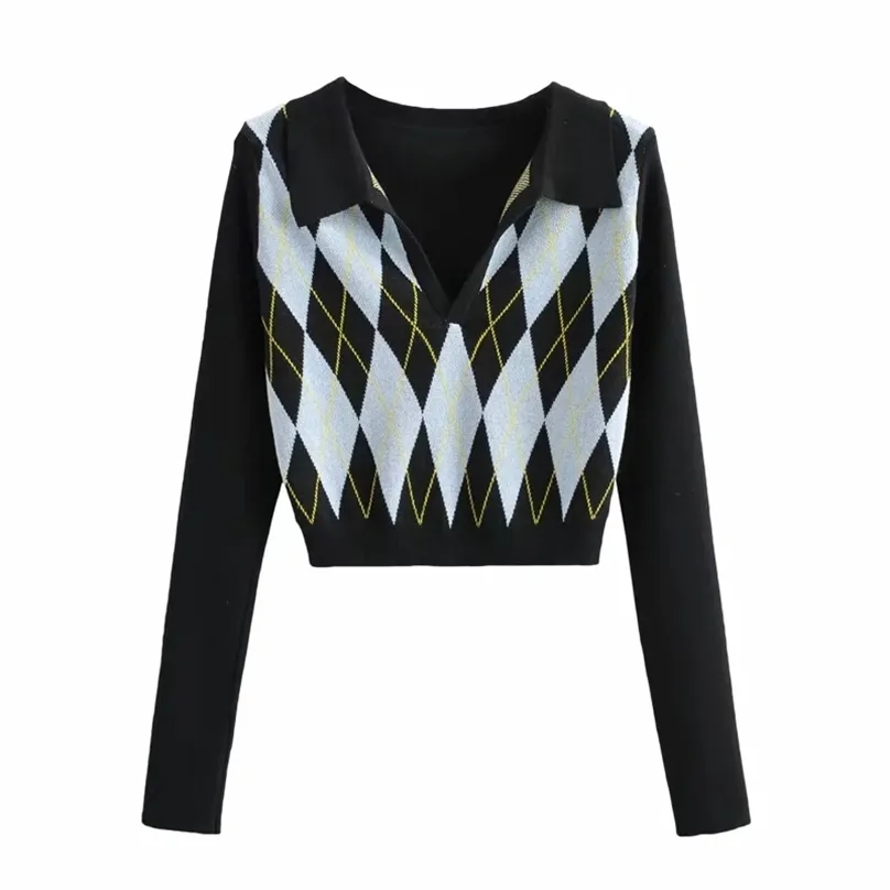 Vintage Y2K Crop Top Argyle Sweater V-hals Lange mouw Jumper Preppy Stijl Plaid Gebreide Pullover Lente Herfst Kleding 210520