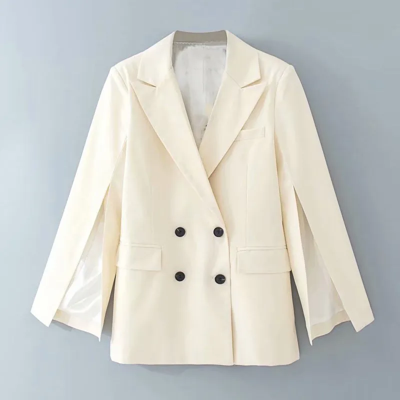 우아한 흰색 옷깃 슈트 블레이저 코트 포켓 사무실 착용 단단한 겉옷 여성 캐주얼 Chic 오픈 스티치 탑 210430