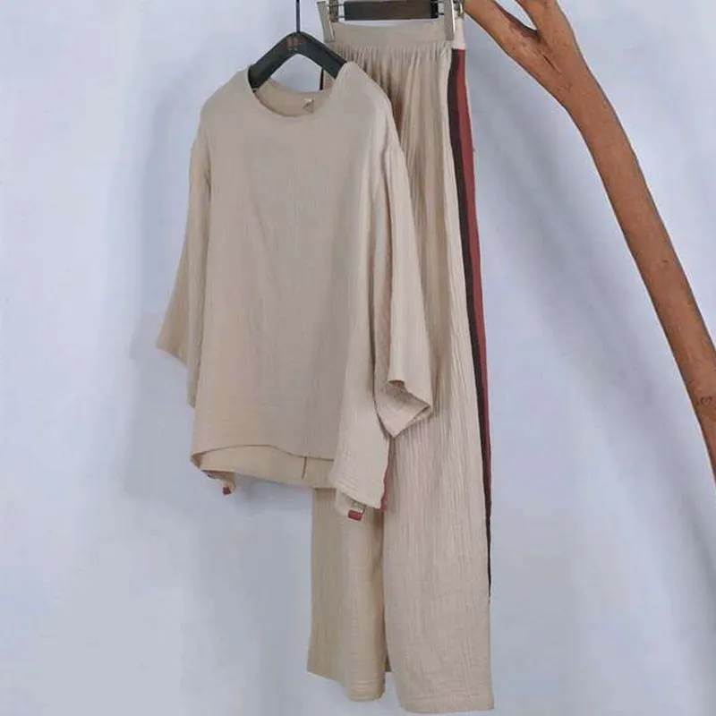Johnature outono mulheres o-pescoço de três quartos t-shirt de manga e lazer solto cintura elástica em linha reta dois pedaço conjunto 210521