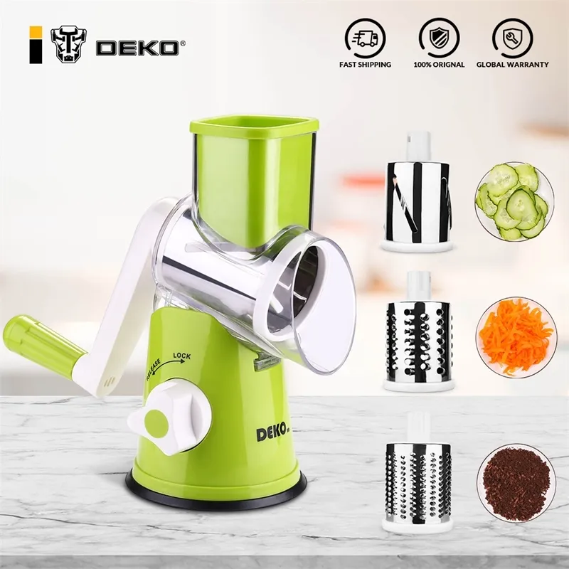 DEKO Manual Vegetable Mandoline Cutter Multifunctional Rotary Potato Cheese Slicer Grain Grinding Grinder Kitchen Tool 3 Blades 210326