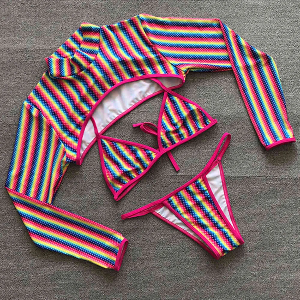 New 2020 Sexy Long sleeve Striped Bikini Women Brazilian Swimwear Female Swimsuit 3 pieces Bikini set Halter Micro Bathing SuitX0523