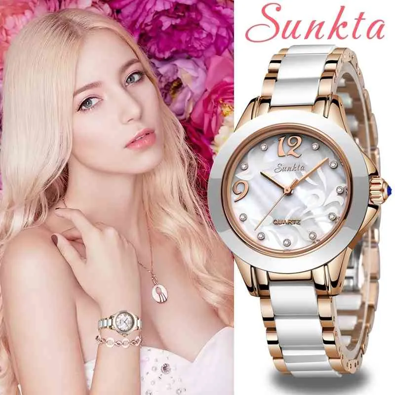 SUNKTA Luxury Gift Crystal Watch Donna Impermeabile in oro rosa Orologi da polso da donna Top Brand Orologio da polso Relogio Feminin 210517