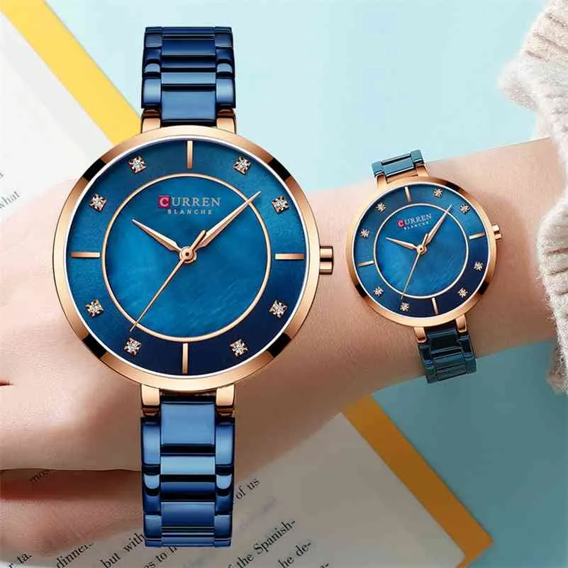 Mulher relógios marca vestido de luxo elegante azul senhoras relógio de pulso diamante relógios femininos para mulheres relogio feminino 210527