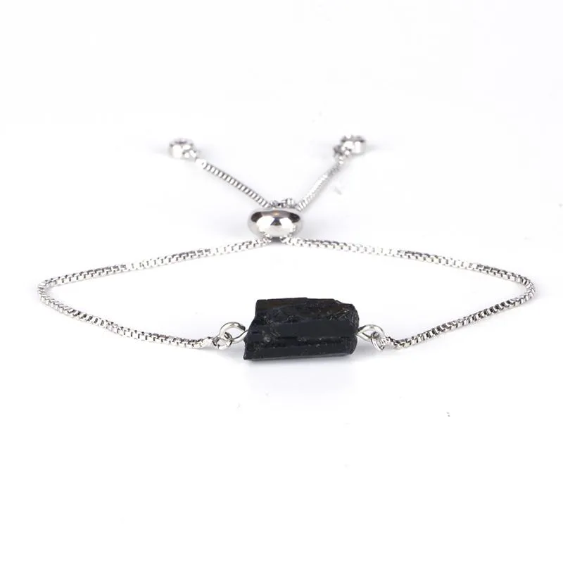 Natural Rough Black Tourmaline Mineral Precious Stone Bead Health Adjustable Healing Silver Color Link Bracelets For Women Beaded, Strands