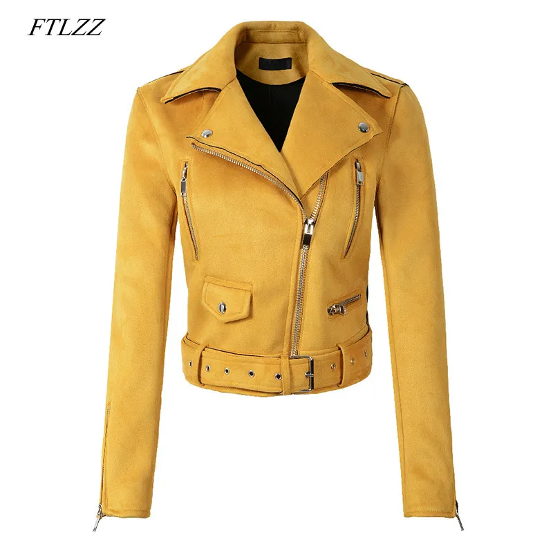 Женщины Faux мягкая кожаная замшевая куртка желтого зеленого пальто леди мотоцикл панк черный короткий дизайн молнии пальто 210423