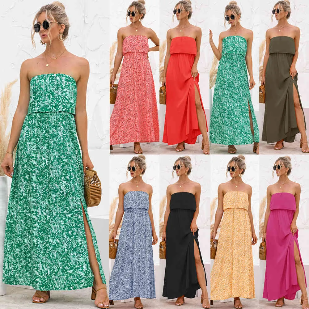 Elegante primavera sin tirantes sólido sin espalda vestido de línea mujeres vestido de cintura alta sin mangas sexy largo boho vestidos chic vestidos 210514