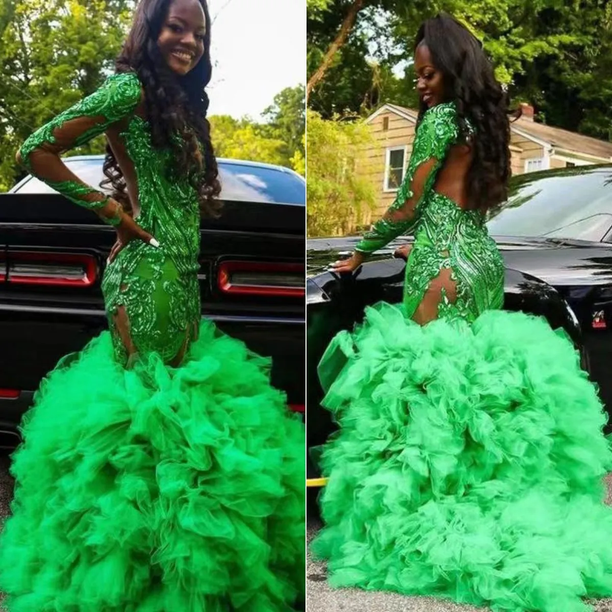 Lime Green 2021 Mermaid Prom Dresses Long Sleeve Sequined Ruffles Evening Gowns Plus Size Formal Dress