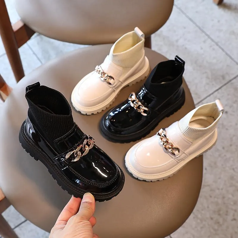 Boots Kids Ankle Knit Patent Children Leather Shoes Boy Girl School Uniform Dress Shoe Child Flat Metal Buckle