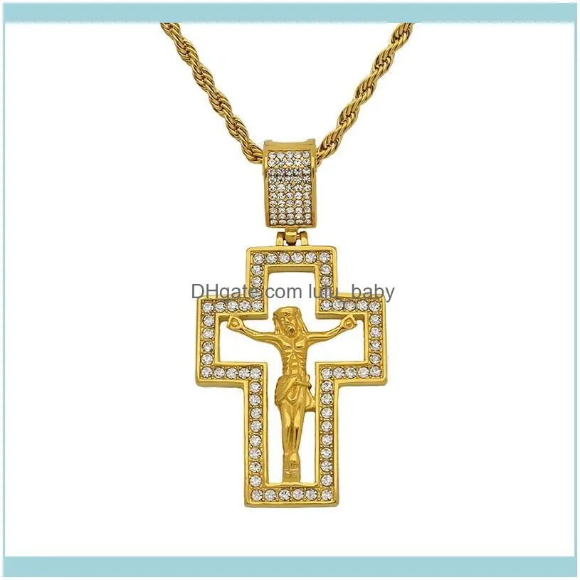 Pendant Necklaces Hip Hop Bling Gold Color Stainless Steel INRI Crucifix Jesus Hollow Cross Pendants Necklace For Men Jewelry Drop