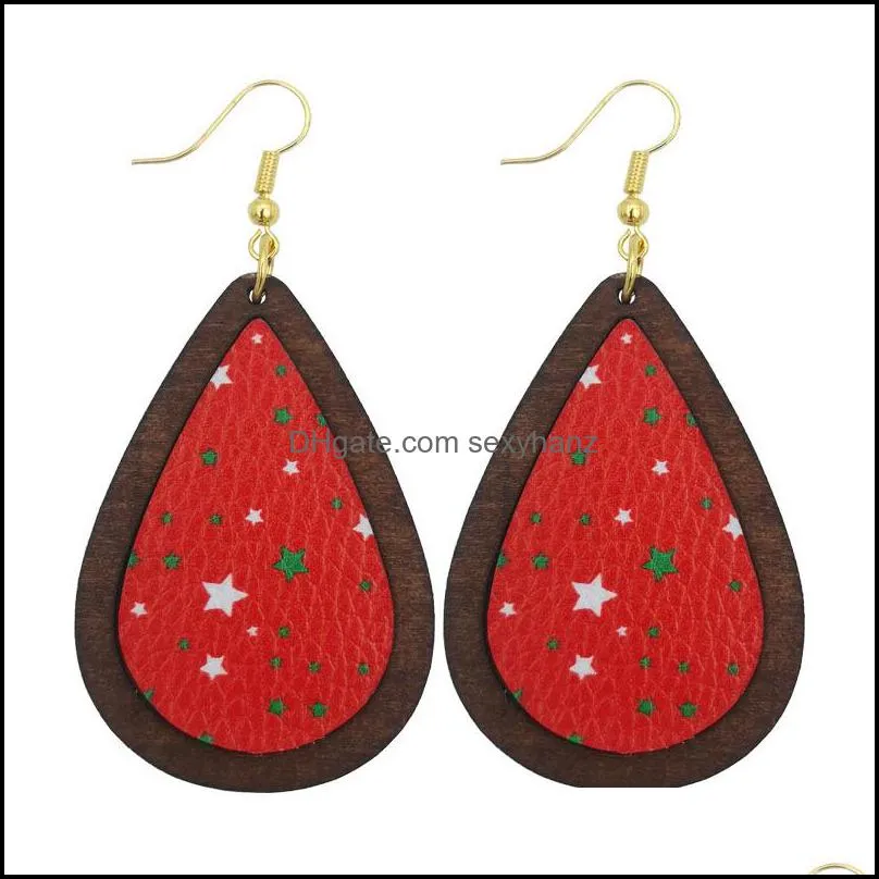 S2624 Fashion Jewelry Christmas PU Leather Wood Earrings Vintage Faux Leather Water Drop Dangle Earrings