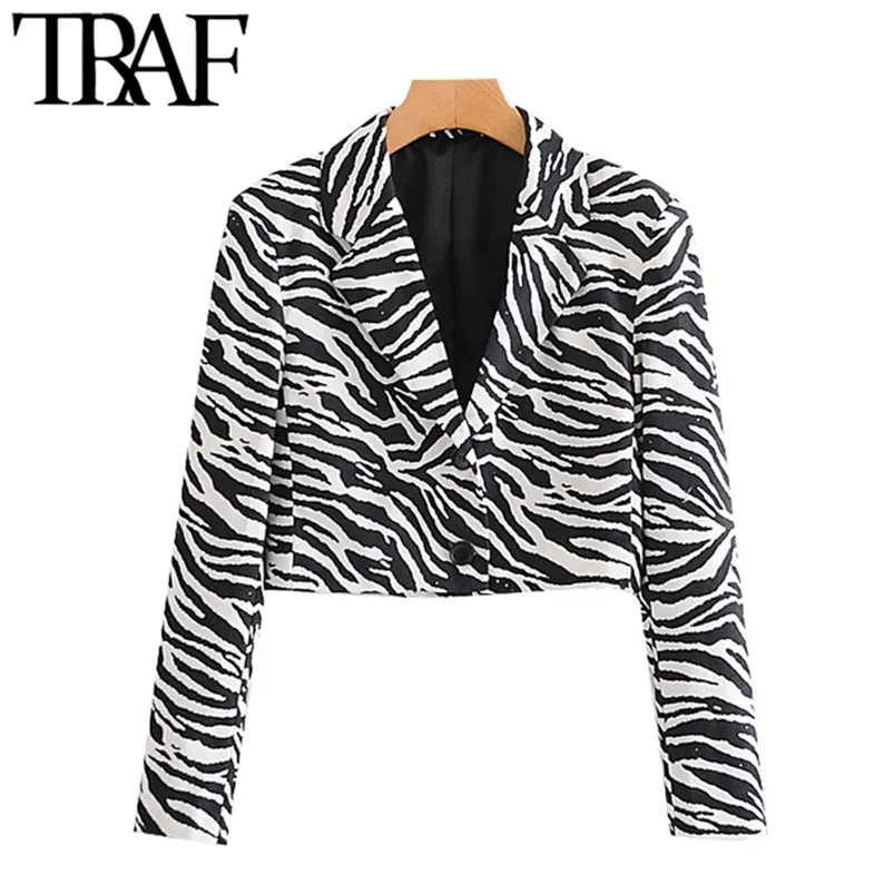 Kobiety Moda Zebra Print Cropped Blazer Płaszcz Vintage Z Długim Rękawem Zwierząt Wzór Kobiece Odzież Odzieży Chic Topy 210507