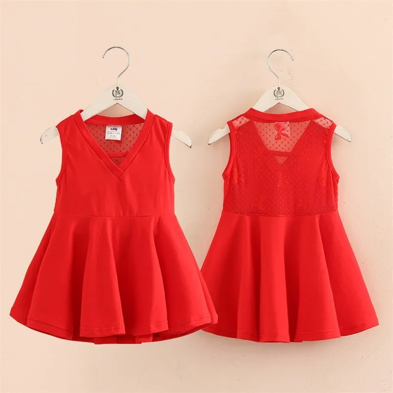 Summer 2 3 4 6 8 10 Years Children's Party Prom V-Neck Cute Backless Lace Solid Color Kids Sundress Tank Dresses For Girls 210625