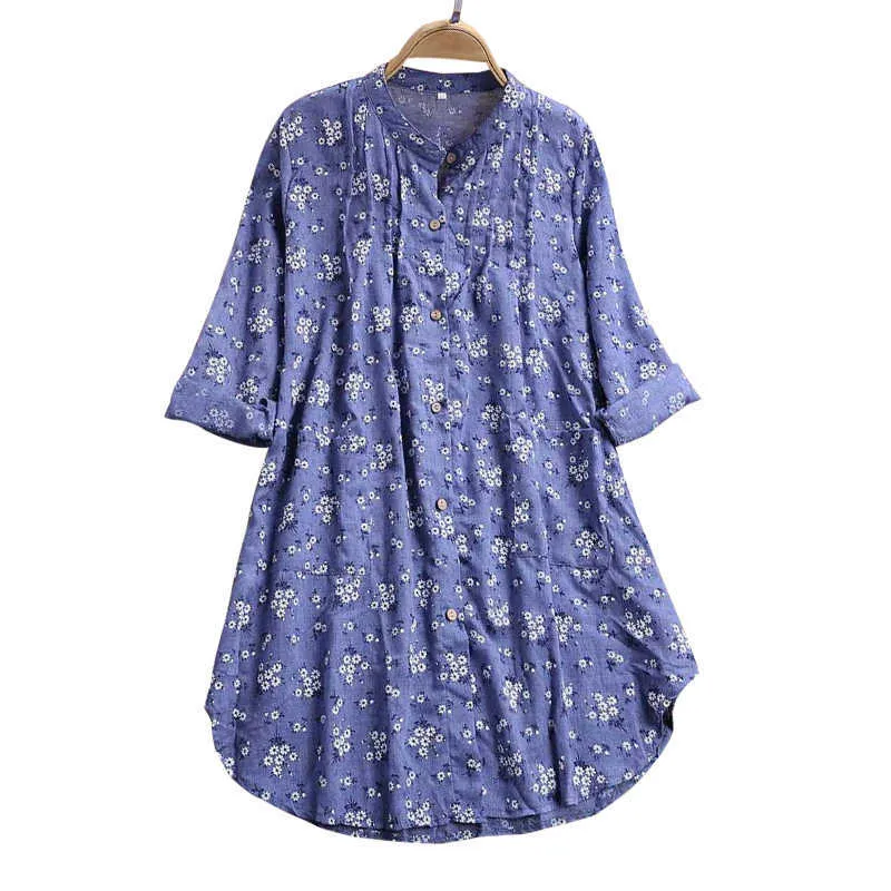 Sommar blommig tryck blus kvinnor långärmad v-hals topp elegant arbete plus storlek lång skjorta lösa streetwear damer kläder 210608