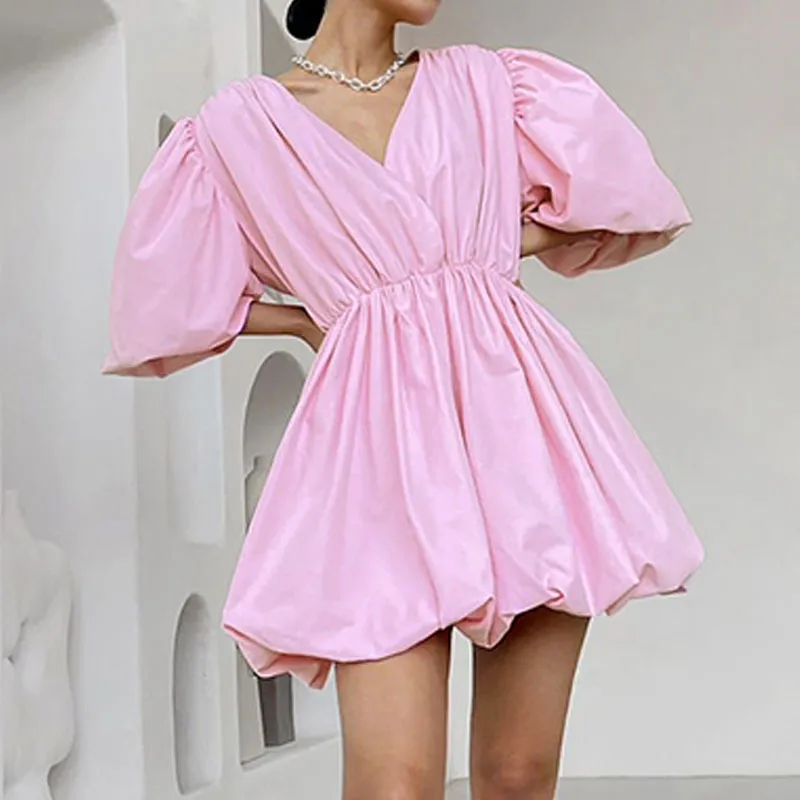 Mode Elegant kontor Lady Street Puff Sleeve V Neck Slim Kvinnor Klänning Sommar Club Party Beach Dresses 210521
