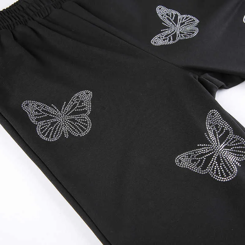 Rhinestone Cross Butterfly Sweatpants For Women Cyber Y2K Grunge