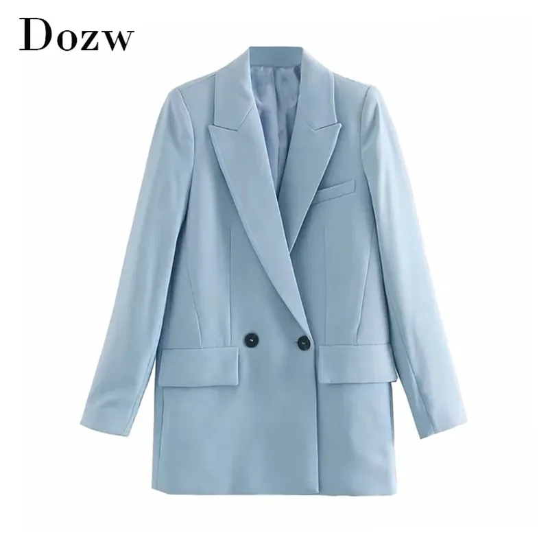 Blue Office Wear Suit Blazer Kobiety Podwójne Pierśnione Długim Rękawem Płaszcz Notched Collar Solidne Kieszenie Casual Outwear Kurtka 210515