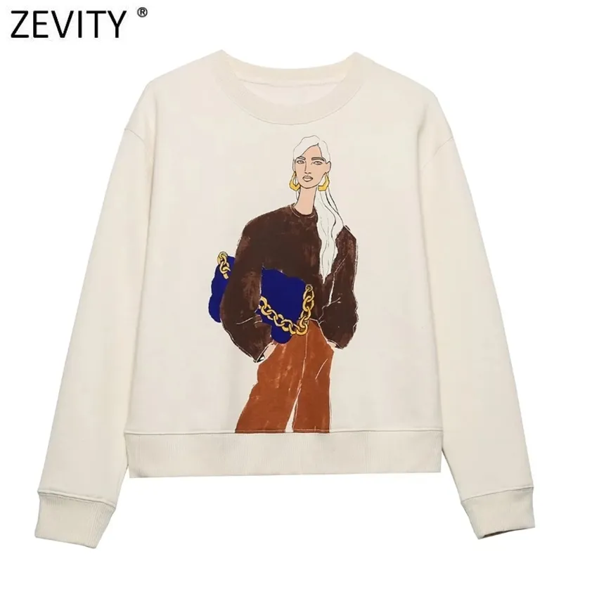 Zevity Women Leisure Modery Beauty Pirnt Casual Fleece Sweatshirts Female Basic Long Sleeve Hoodies Chic Pullovers Tops H605 220215