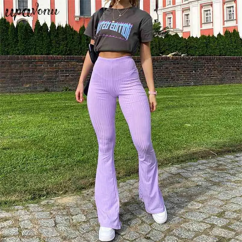 Ücretsiz Yüksek Sokak Kadın Casual Flare Pantolon Moda Mor Bel Skinny Flared Yaz Çizgili 210524