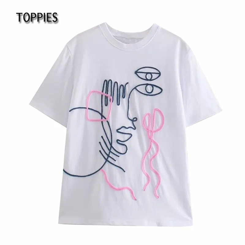 T-shirts de caractère abstrait d'été Femme Tops brodés T-shirts oversize à manches courtes à col rond 210421